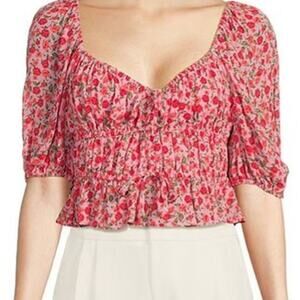 Wayf Avra Short Puff Sleeves Crop Top Red Pink Floral Smocked Ruffle Peplum XL